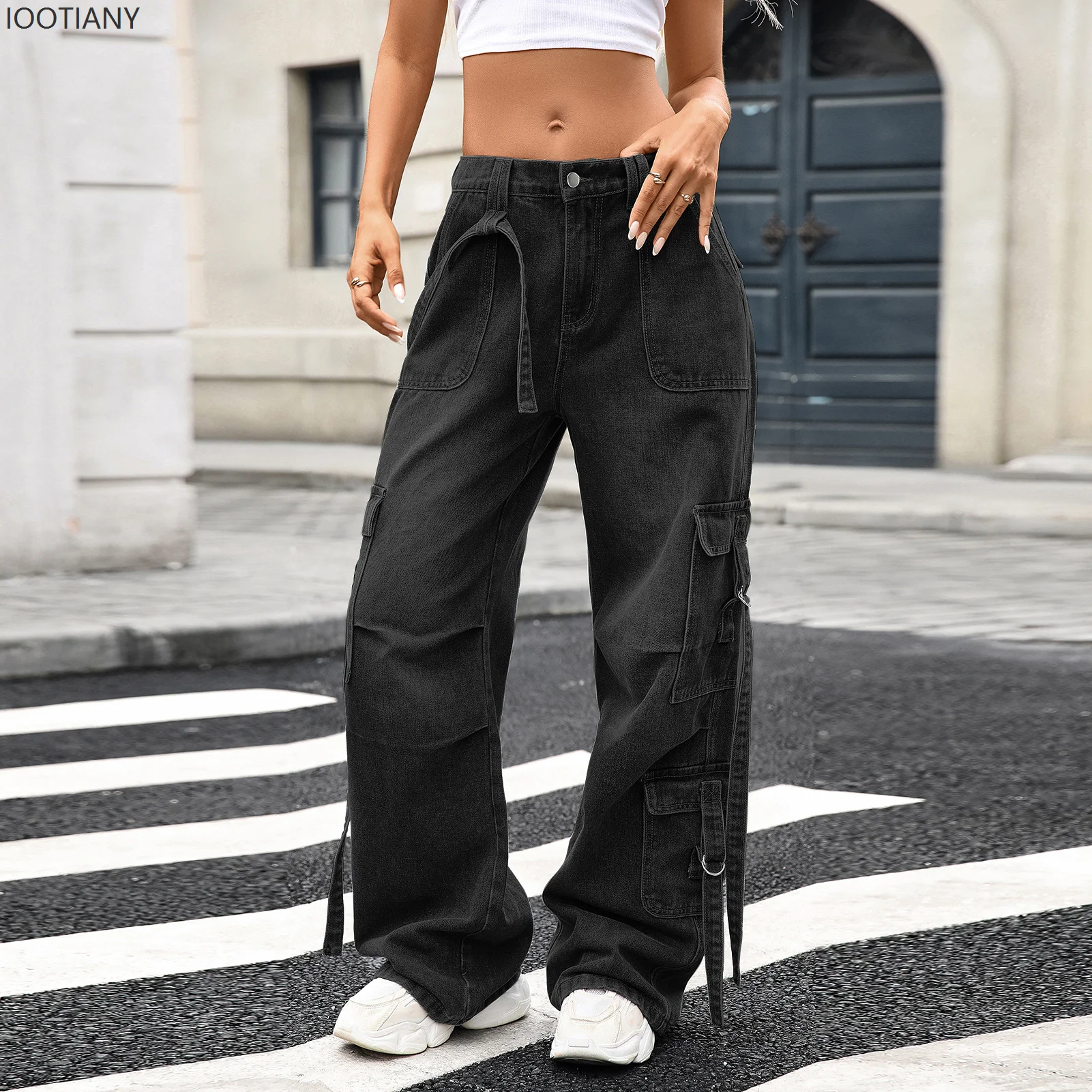 النساء السراويل البضائع الجينز غسلها خمر جيوب متعددة منتصف الخصر المتعثرة الطابق طول الشارع الشهير الإناث سراويل جينز