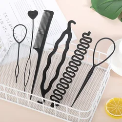 Juego de Herramientas de fabricación de moños trenzados de peinado para niñas, palo de pelo atado de plástico negro, Pin de tracción trenzado, accesorios para el cabello DIY, 6 unids/set