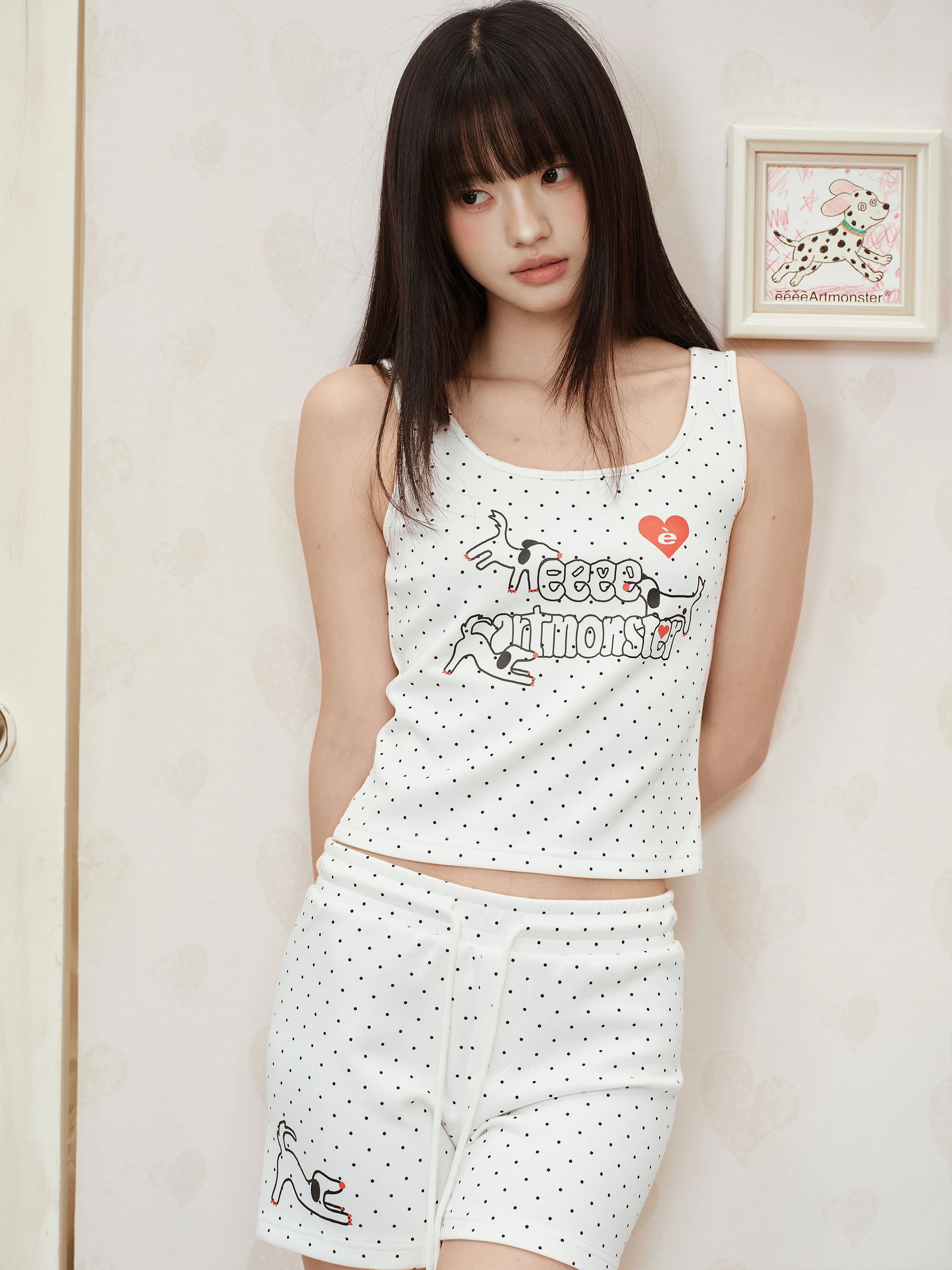 Summer Outfit Polka Dot Heart Puppy Print Girl's Style Short Sleeve round Neck Vest And Shorts Set Cute Polyester Modal Spand...