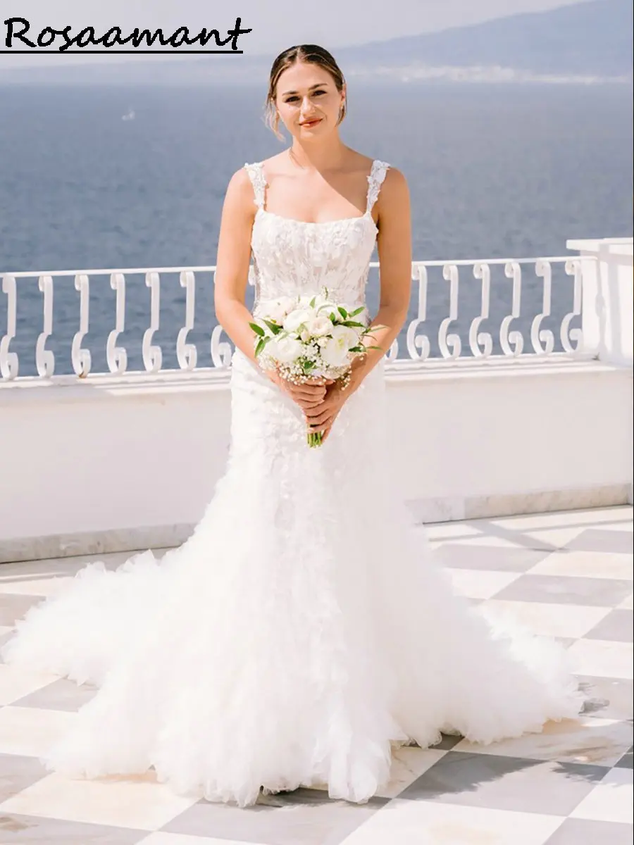 Affascinante Illusion Appliques pizzo sirena abiti da sposa senza spalline senza maniche Boho abiti da sposa