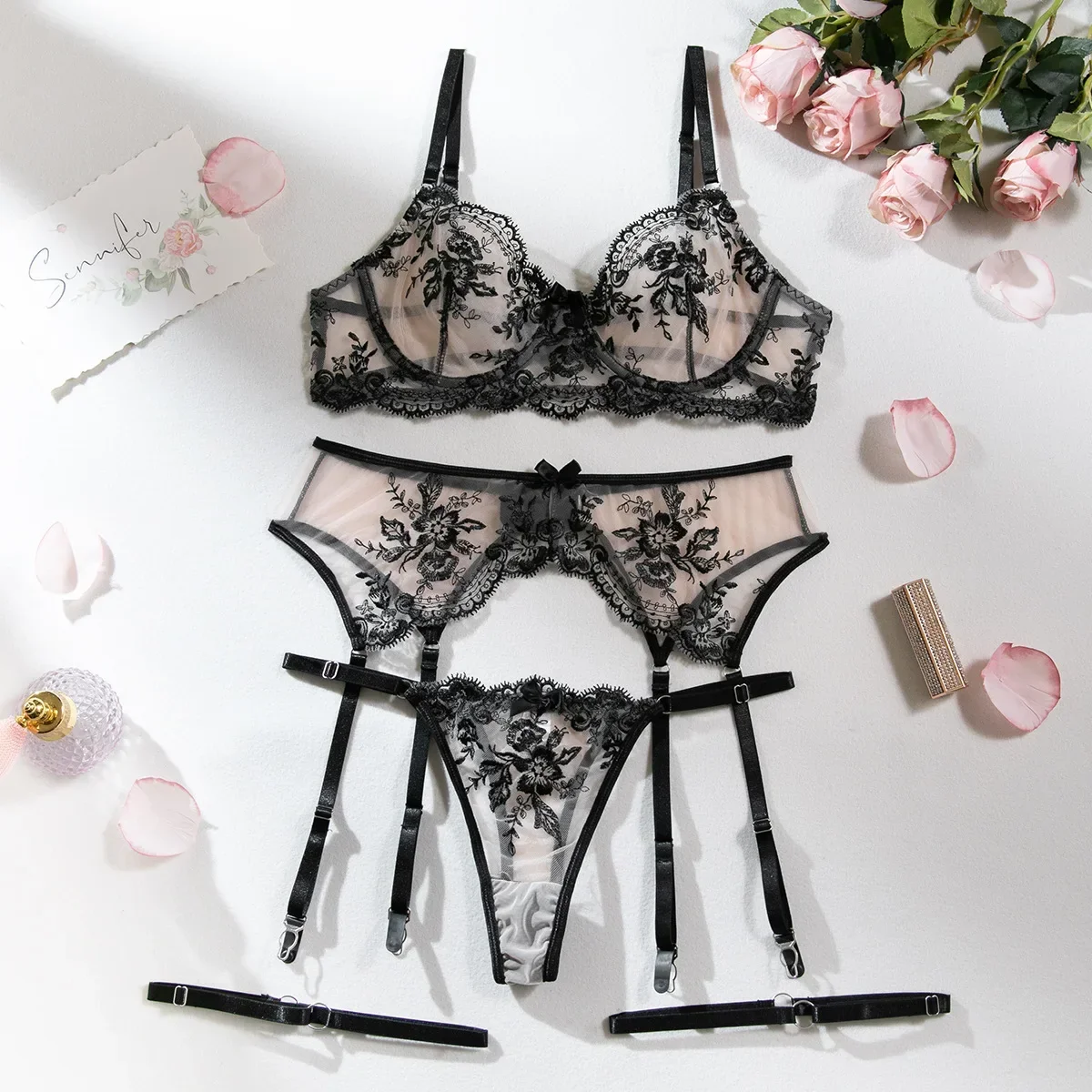 Women Sexy Lace Bra Set See Through Lingerie Set Thin Flower Underwear Micro Bikini Thong Set