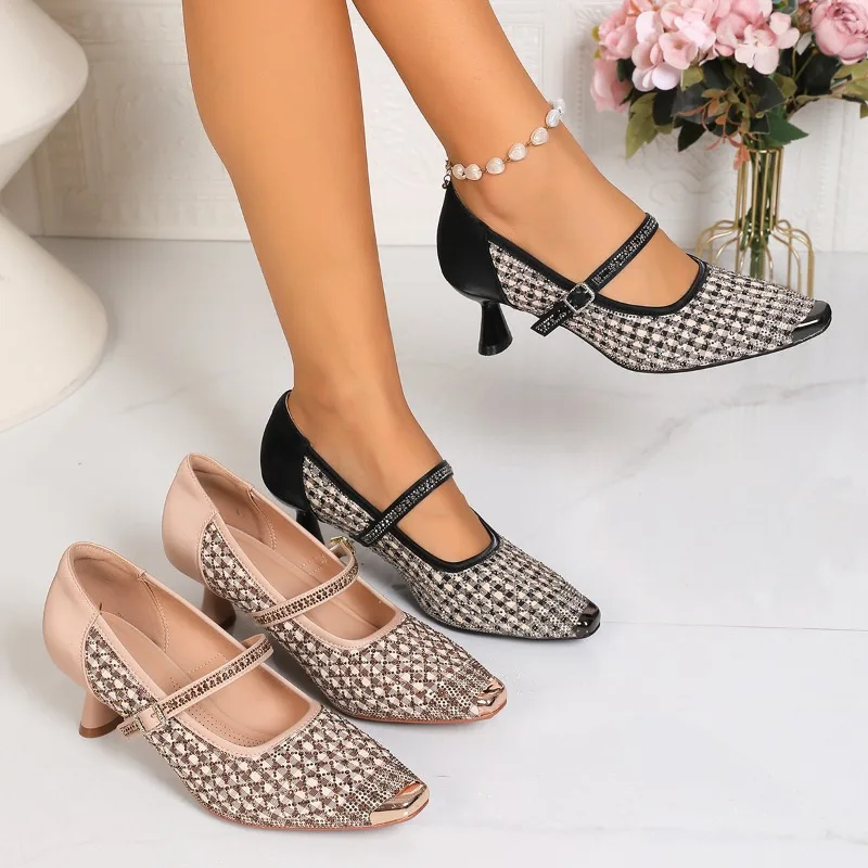 Women's Vintage Color Blocking High Heel Single Shoes New Spring and Autumn Women Rhinestone Embellishment Fashion Low Top Shoes