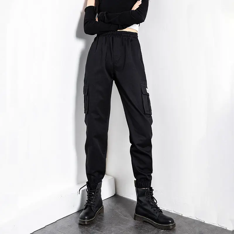 

Vintage Solid Black Baggy Cargo Pants Women Elastic High Waist Trousers Wide Leg Jogger Pants Y2K Casual Punk Loose Streetwear