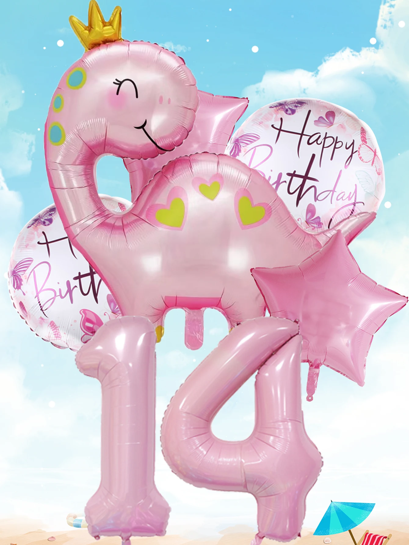 1set Pink Crown Dinosaur Foil Balloons 40 Inch Number Helium Balloon Baby Girl Children‘s Birthday Party Decorations Kids’