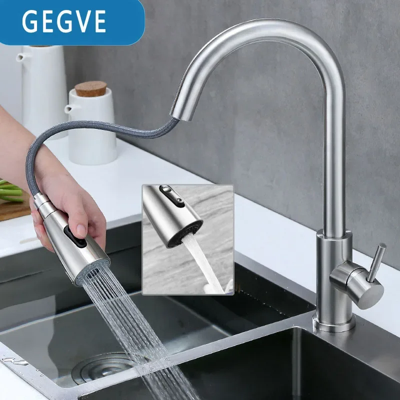 

Free Shipping GEGVE 304 Stainless Steel Kitchen Faucet Hot Cold Water Mixer Easy Pull Down Rotatable Spring Faucets Taps Sprayer