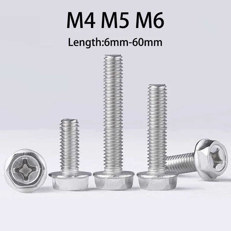 M4 M5 M6 304 Stainless Steel Metric Flange Hex Bolt Cross Phillips External Hexagon Screw DIY Machinery Cabinet Repair Hardware