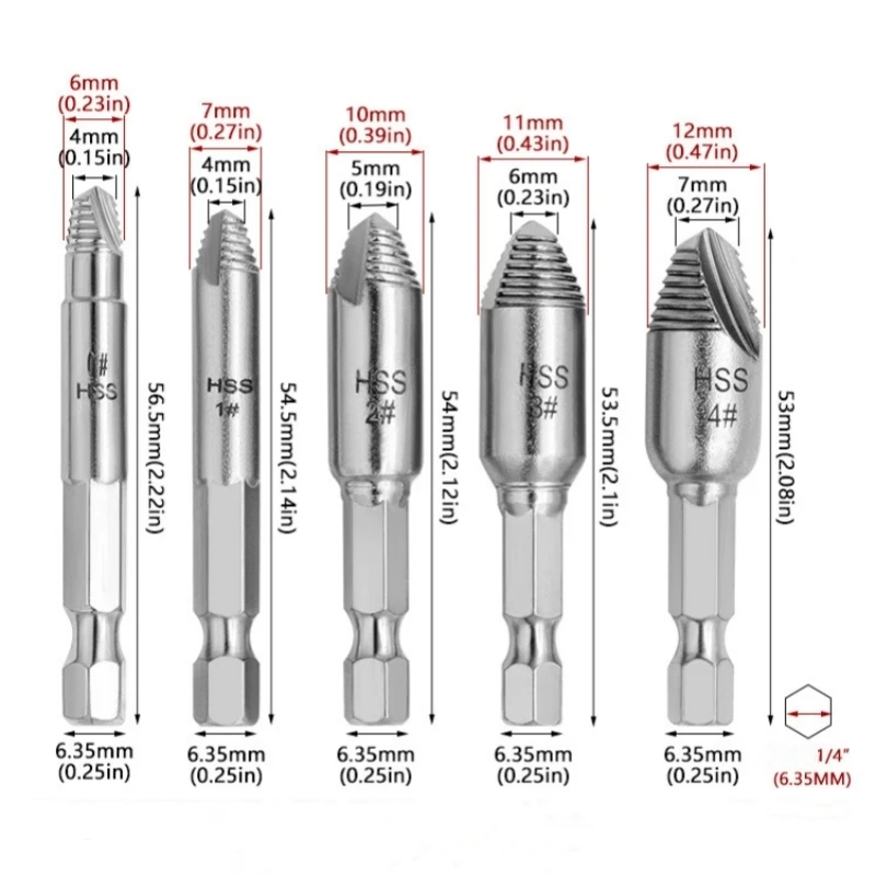 5Pcs Damaged Screw Extractor Drill Bit High Speed Steel Double Easily Take Out Side Drill Out Broken Screw Remover Bolt