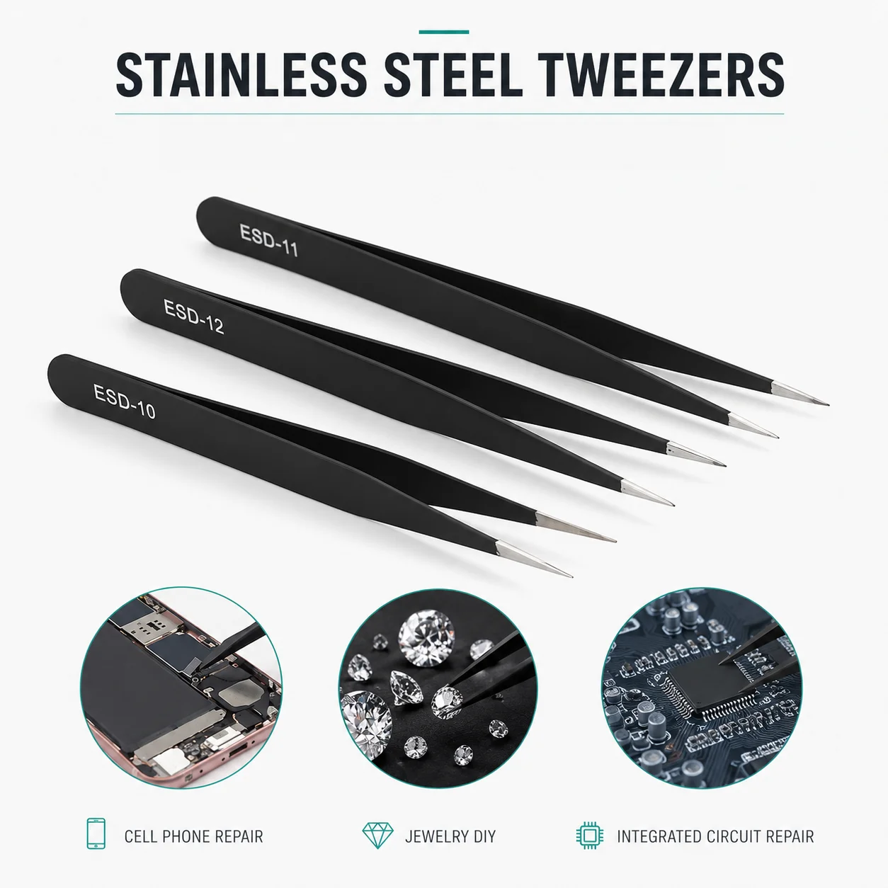 6-teiliges ESD-Antistatik-Pinzetten-Set aus Edelstahl, Präzisionswerkzeuge für Elektronik, PCB-Reparatur, Löten, Schmuckherstellung, DIY – Detail 1