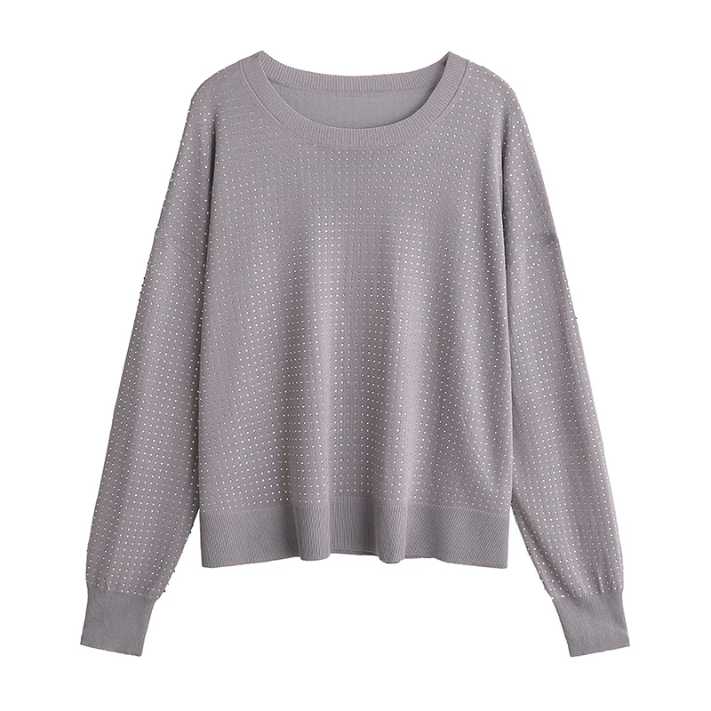 YENKYE Autumn Women Fashion Bead Appliques Knit Sweater Long Sleeve Round Neck Casual Loose Pullover Female Jumper