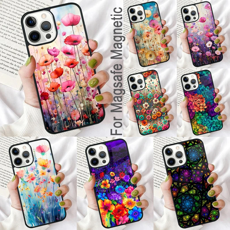 

Цветной цветочный Рисунок искусство магнитный мягкий чехол для телефона iPhone 16 Promax 15 Pro 13 14 Plus 11 12 Mini MagSafe Coque