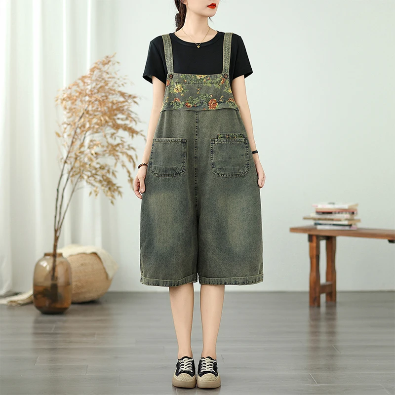 New Women's ort Denim Overalls Patchwork Print Thin Casual orts Pants Five-Quarter Length l Waist Summer Faion