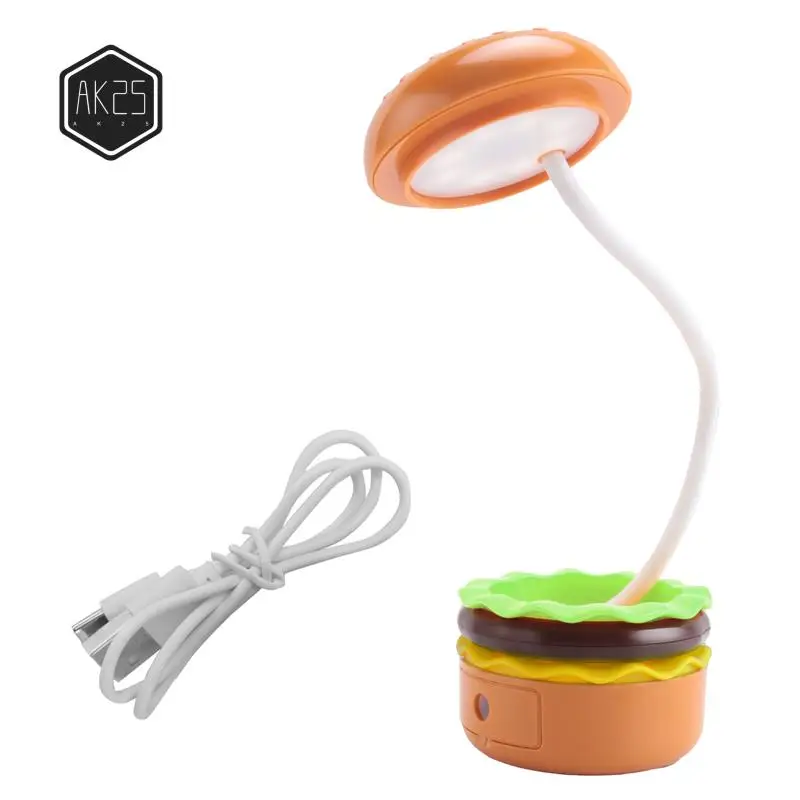 AK25-مصباح مكتبي لطيف للأطفال، مصباح مكتبي صغير همبرغر قابل لإعادة الشحن مع مفتاح لمس للرقبة قابل للتعديل مع مبراة قلم رصاص #1
