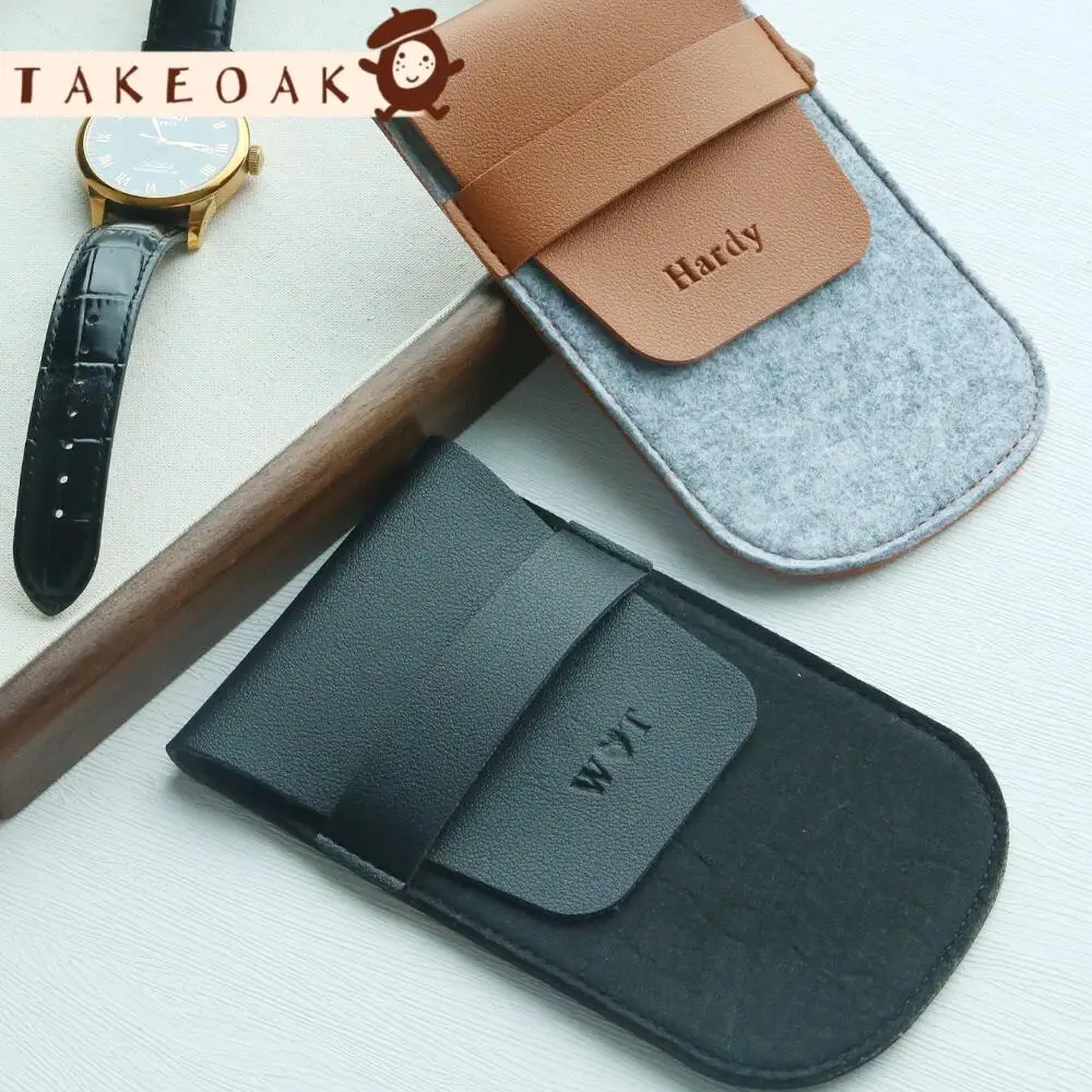 Custom Embossed Name Leather Flap Watch Pouch Felt Lined Dual Use Pen Makeup Brush Storage Bag Travel Watch Case Personalized