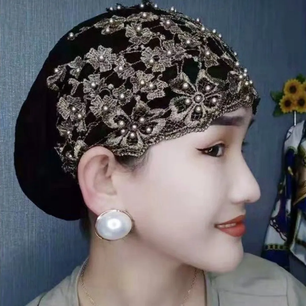 

Portable Beaded Decoration Ethnic Headscarf Gat Comfortable Retro Pullover Hat Personality Solid Color Head Wrap Cap Head Cover