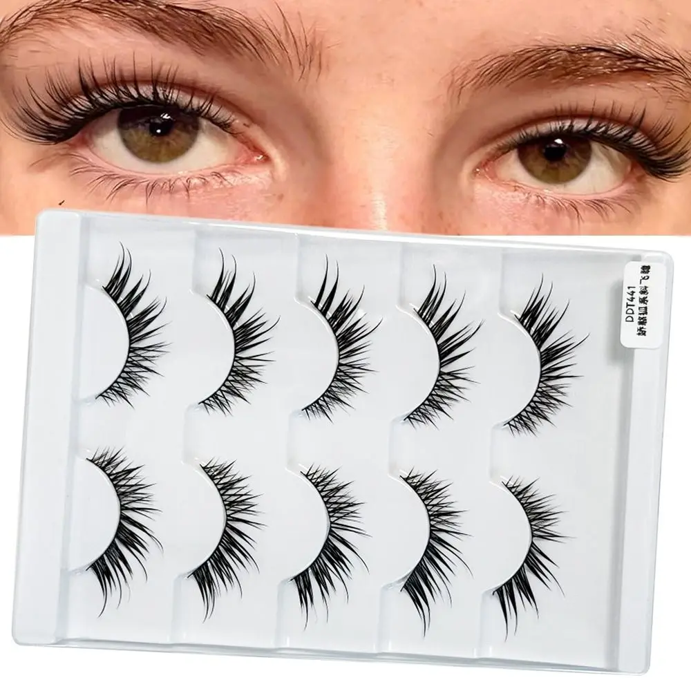 5 Pairs New Wispy Cat Eye False Eyelashes Long Natural 7-13mm Foxy Eye Lashes Black Thin Band Fake Lashes Eye Extension