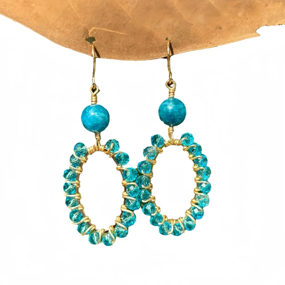 

Handmade Oval Earrings Filled Dangle Earrings with Natural Crystal Delicate Handcrafted Ear Hooks Artisan Jewelry