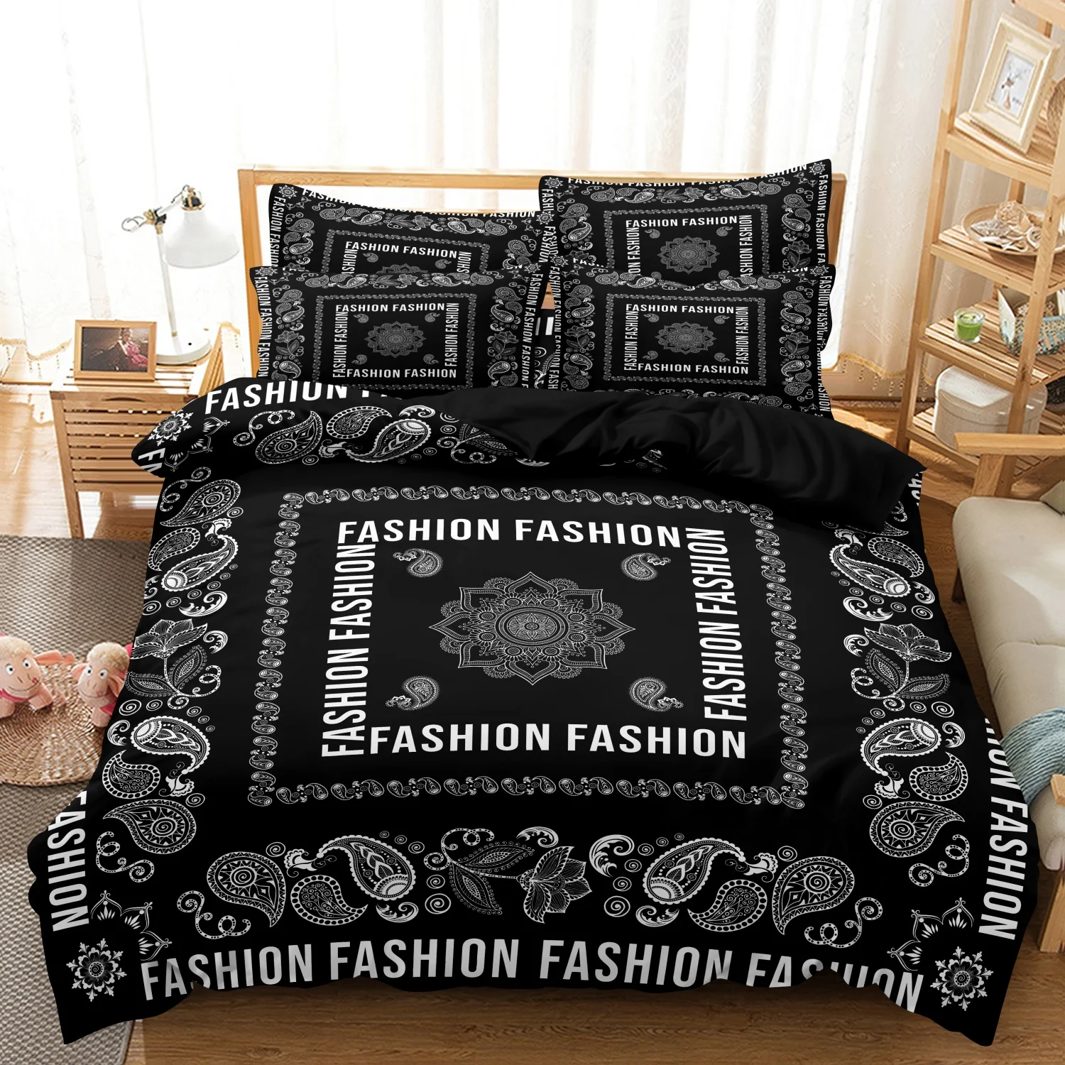3Pcs Black White Paisley Fashion Letter Print Duvet Cover Set, Vintage Square Floral Text Print Bedding,Multiple Sizes Available