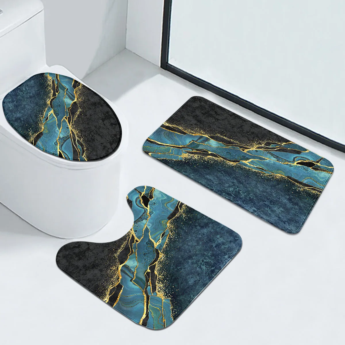 Blue Gold Marble Bathroom Set - Single Piece or 3-Piece Optional Non-Slip Toilet Cover + U-Shaped Mat + Bath Rug Luxury Stone Pa