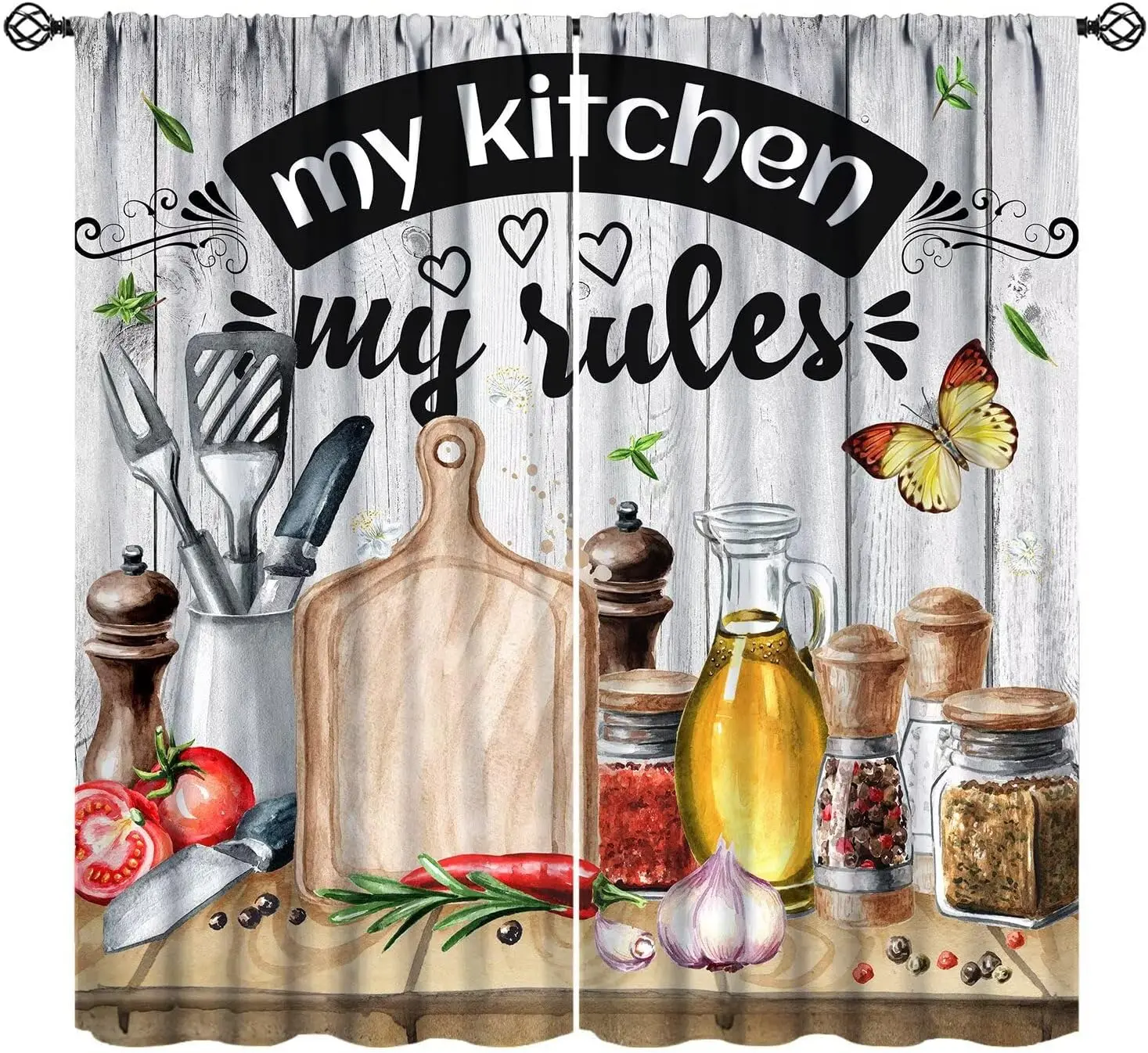 My Kitchen My Rules Watercolor Cooking Utensil Print Blackout Rod Pocket Curtain Farmhouse Vintage Kitchen Rest Bay Window