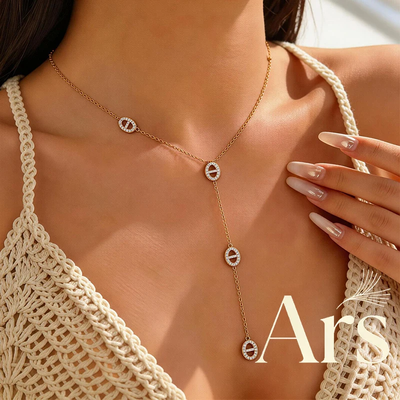 Ars Stainless Steel Y Necklace for Women 18k Gold Plated Pig Nose Pendant Necklaces Dainty Tie Necklace Long Chain Necklaces