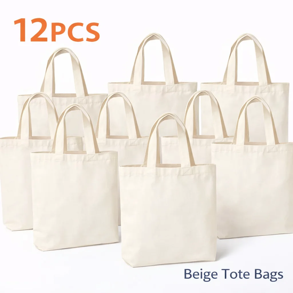 Blank Sublimation Tote Bags Set 6pcs 10pcs 12pcs, Beige Canvas Tote Bags for Heat Press Printing, DIY Craft Shopping Bags for Sc