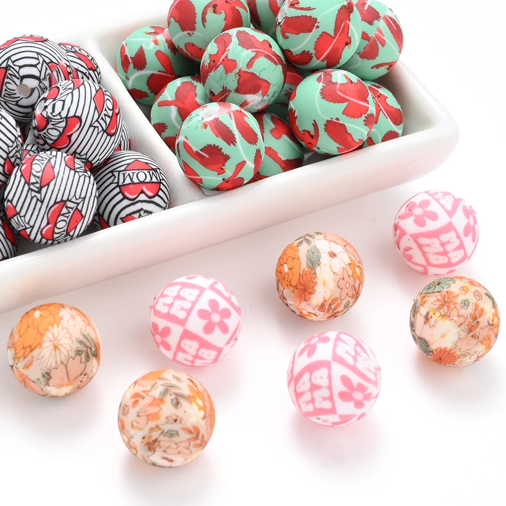 10 шт. 15 мм силиконовые круглые бусины с цветочным принтом для матери и птицы для DIY ожерелья ручной работы, браслеты, изготовление цепочек для соски