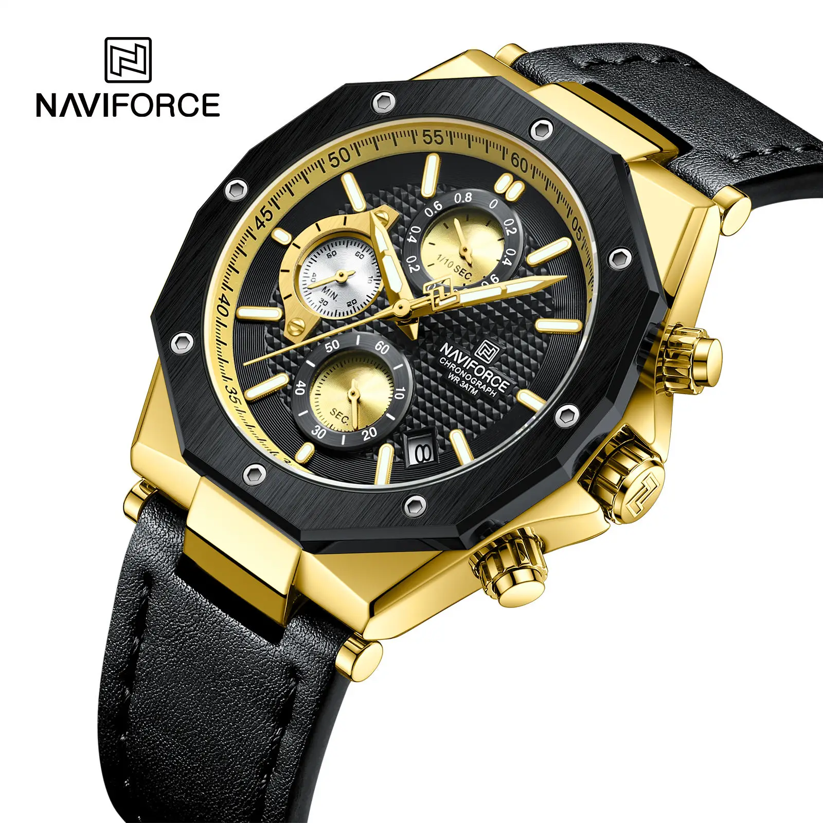 

NAVIFORCE NF8028 super made in China man quartz watch latest Genuine Leather band Calendar Chronograph iced out sports watches