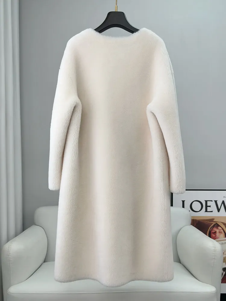 Lambskin 2025 new style granular sheepskin cut fur, mid-length V-neck young fur coat for women
