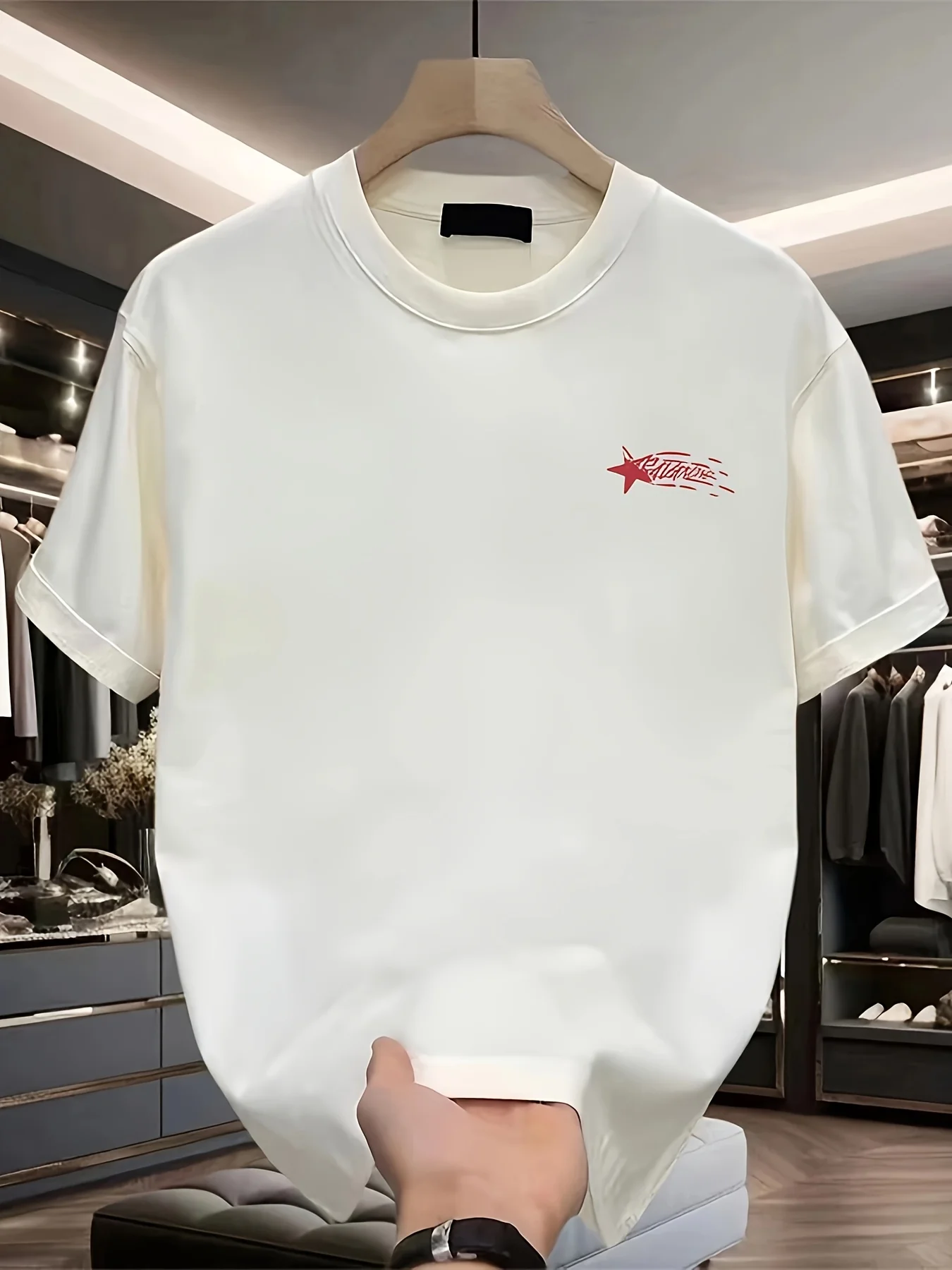 Men's Pure Cotton Printed T-Shirt — Red Star Pattern, Summer Casual Short-Sleeve Tee, Regular Fit, Crew Neck Design