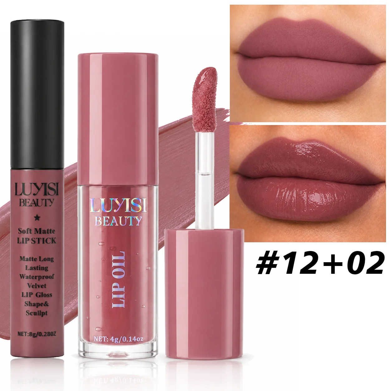 2Pcs Lip Makeup Set:1pc Lip Glaze + 1pc Lip Oil,Glossy Color And Hydrating Shine,Lightweight Smooth Texture,Easy To Apply.