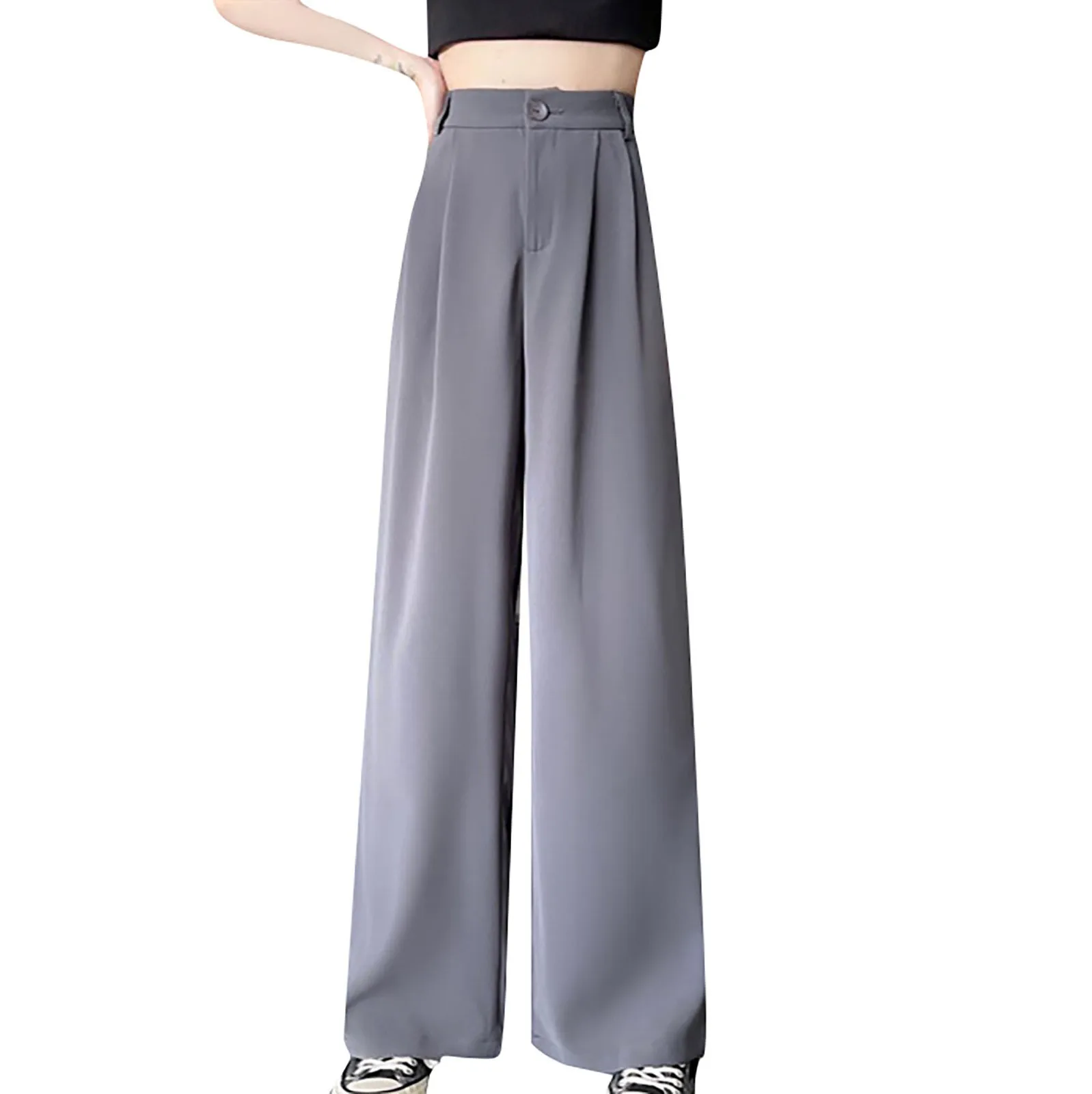 Solid Color High Waist Casual All-match Spring And Summer Daily Basic Commuting Suit Fabric Wide-leg Straight Pants For Ladies