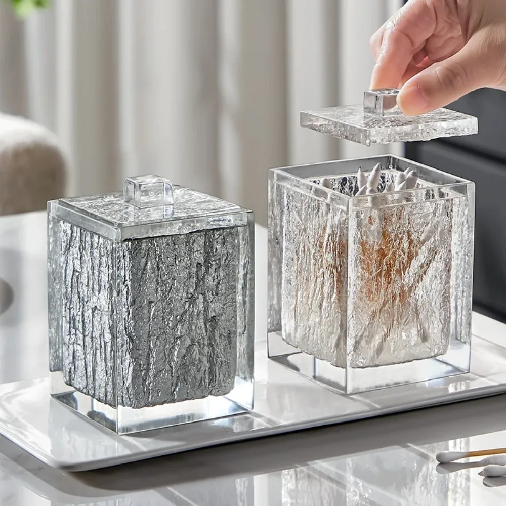 Creative Clear Ice Flower Resin Cotton Box Home Square Toothpick Holder Dresser Cosmetics Storage Box Desktop Storage Jar