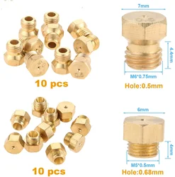 for Propane Lpg Gas Pipe Water Heater DIY Burner Parts Brass Jet Nozzles M5x0.5mm/0.68mm (10pcs) and M6x0.75mm/0.5mm (10Pcs)