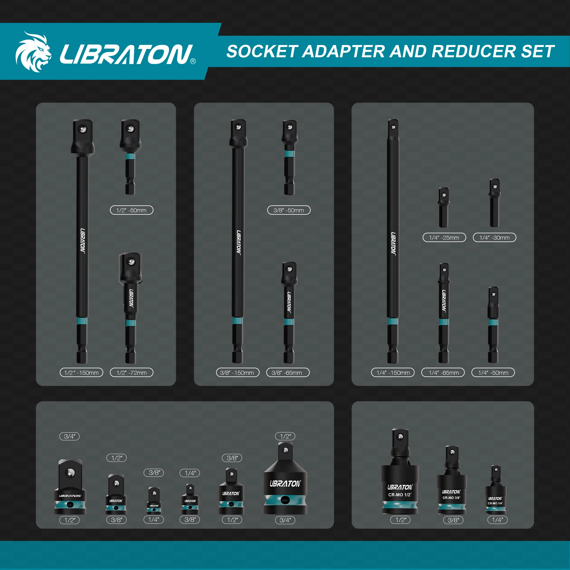 LIBRATON 1/4 Zoll, 3/8 Zoll, 1/2 Zoll Schlagschrauber-Adapter und Reduzierstücke, inklusive Reduzierstücke, Universalgelenke, Steckschlüsseladapter-Verlängerung, 20 Stück – Detail 6