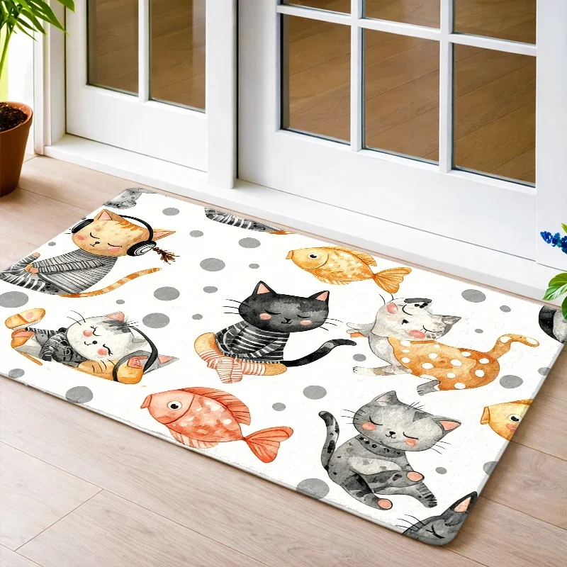 [2D Flat] Cute Cat And Fish Flannel Floor Mat, Universal Doormat for Home Entrance, Bedroom, Kitchen, Bathroom, Balcony, Corridor, Wear-Resistant And Door Mat