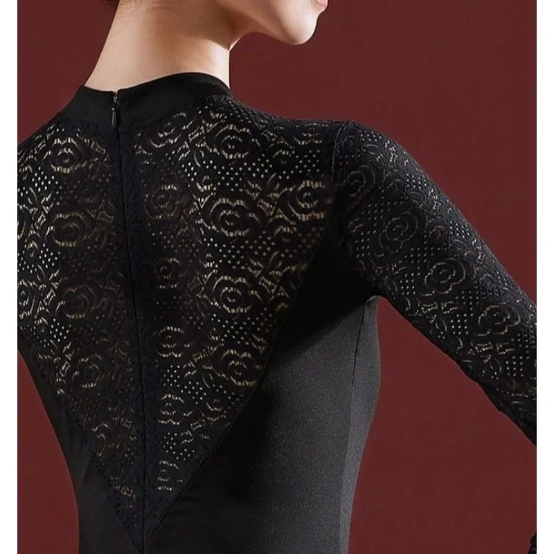Collant de balé para mulheres, roupa de dança com renda nas costas, roupas de bailarina adulta, manga comprida, gola alta, traje de banho
