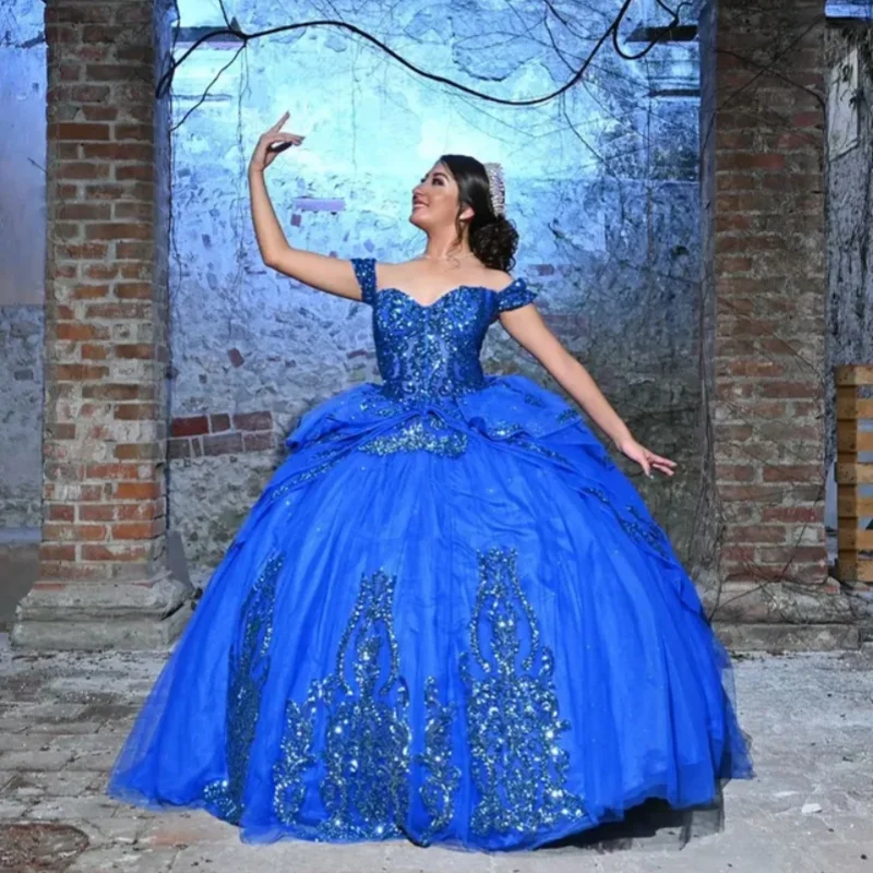 

Customized Shiny Gemstone Blue Quinceanera Dresses Off the Shoulder sequin applique layering Vestido De 15 Quinceanera