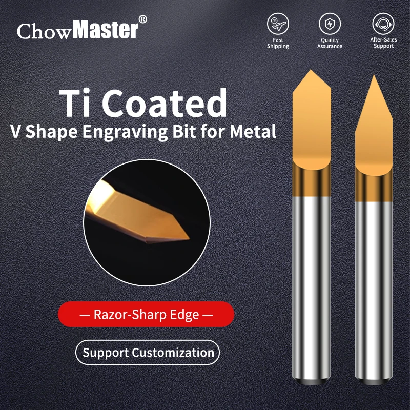 

CHOWMASTER Metal Engraving Bit 3.175/4/6mm Carbide Carving Bits 0.1-0.5mm Coated V Tip Flat Bottom Carbide End Mill for Metals