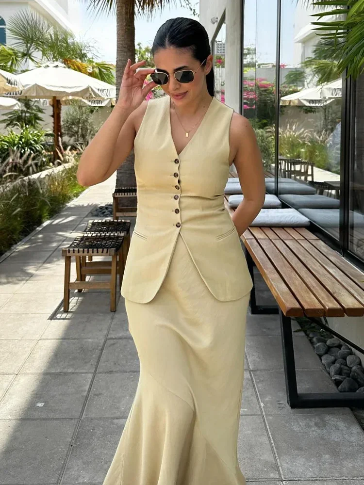 ASDS Women Vest Skirt Sets Female Khaki Long Blazer Vest V Neck Sleeveless Slim Top+Elegant High Waist A Line Skirt Suit