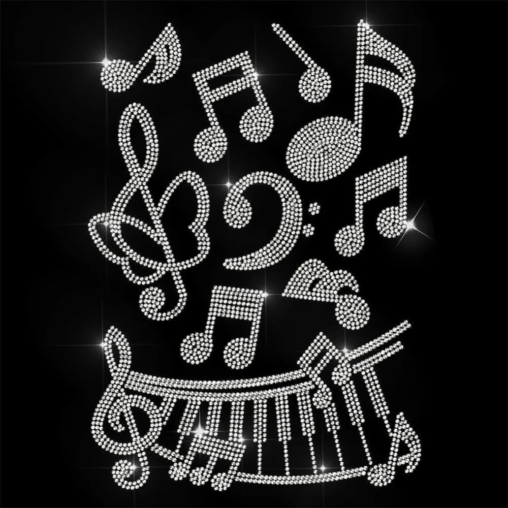 White Rhinestone Iron on Transfer Music Notes Bling Hotfix Patches for Clothes 11.6