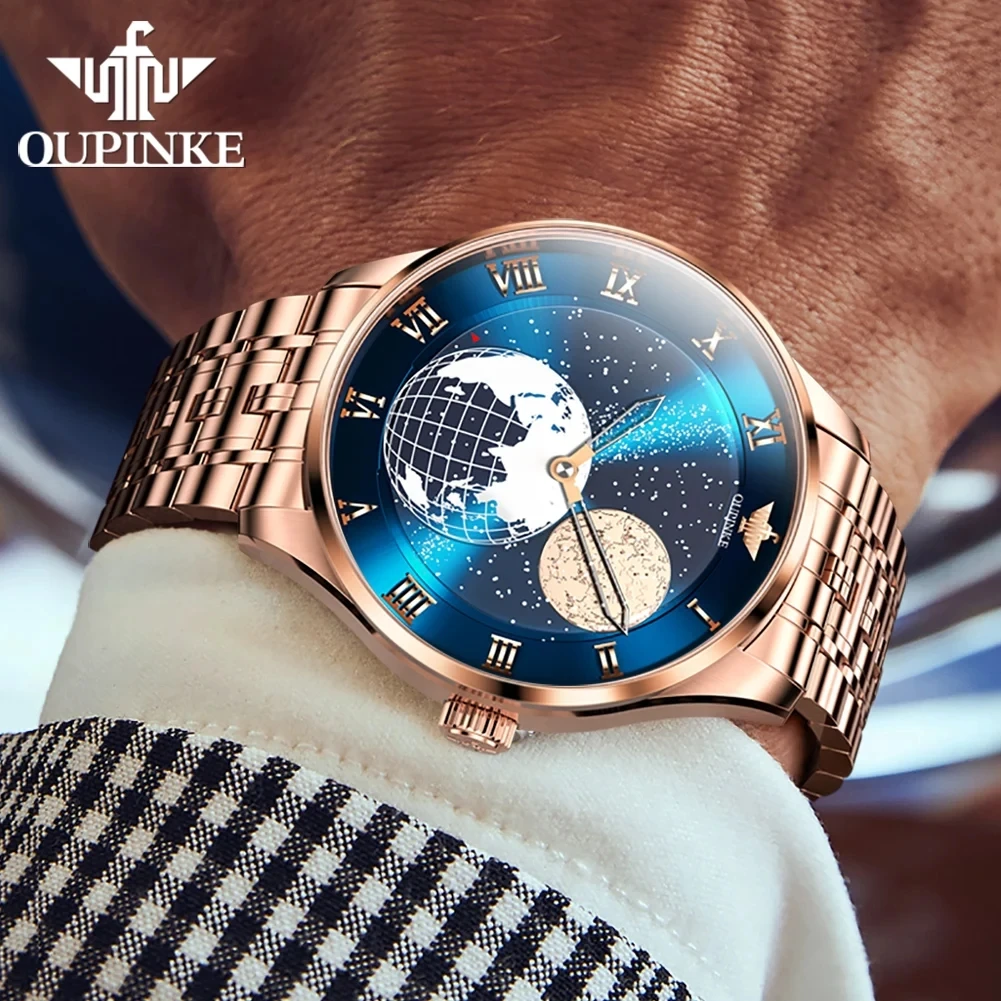 OUPINKE 3230 New Luxury Automatic Watch for Men CITIZEN Movement Mechanical Wristwatch 3D Earth Starry Sky Dial Moon Phase Watch