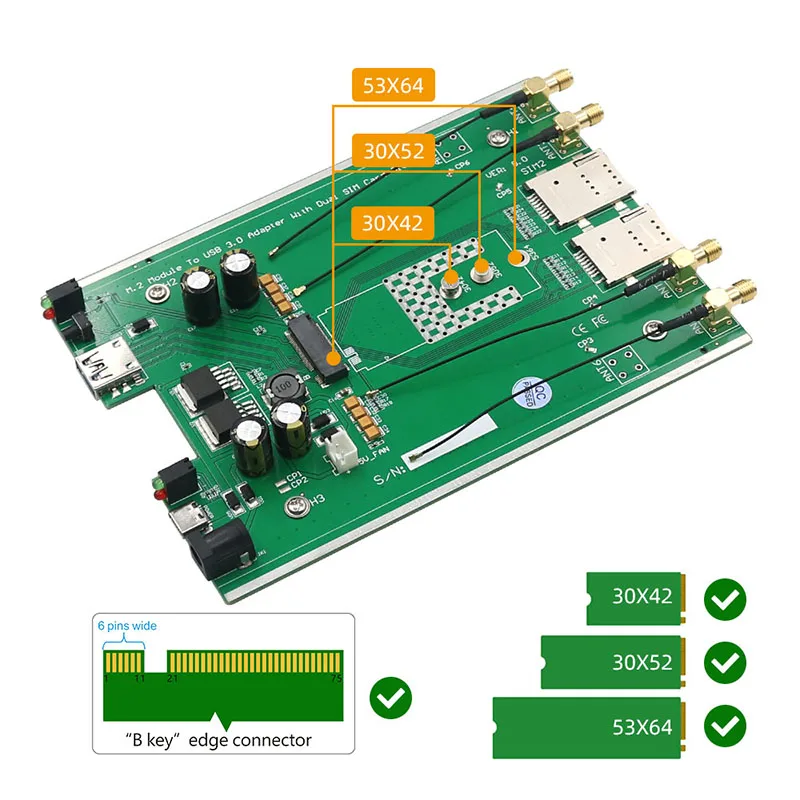 M.2 NGFF โมดูล B สำหรับ USB3.0 3G/4G/5G อะแดปเตอร์เครือข่ายไรเซอร์บอร์ดสองซิมช่องเสียบบัตร DC / TYPE-C ไฟเสริม W/4เสาอากาศ