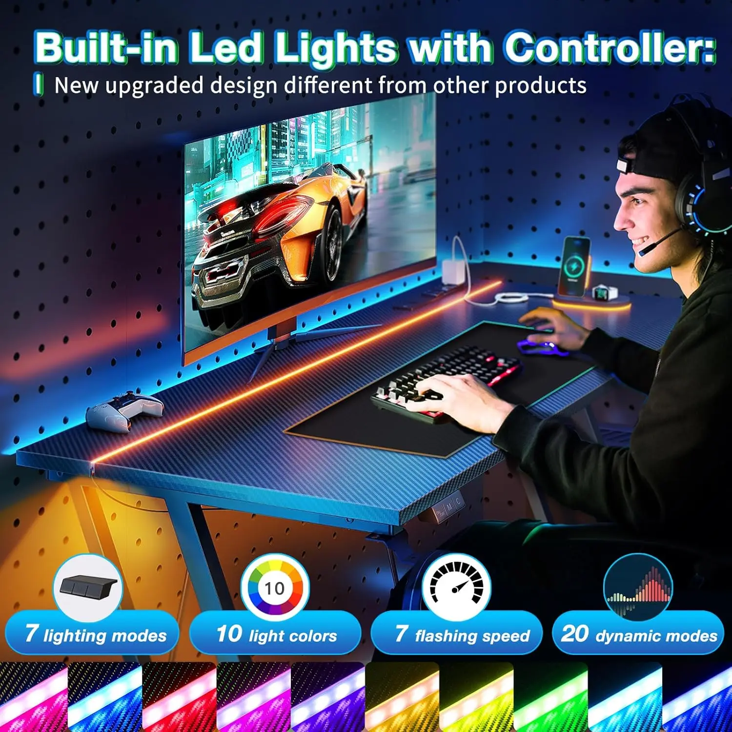 مكتب ألعاب مقاس 47 بوصة مزود بمنافذ LED ومنافذ طاقة، وملمس من ألياف الكربون الأسود، ومكتب كمبيوتر مدمج للمساحة الصغيرة