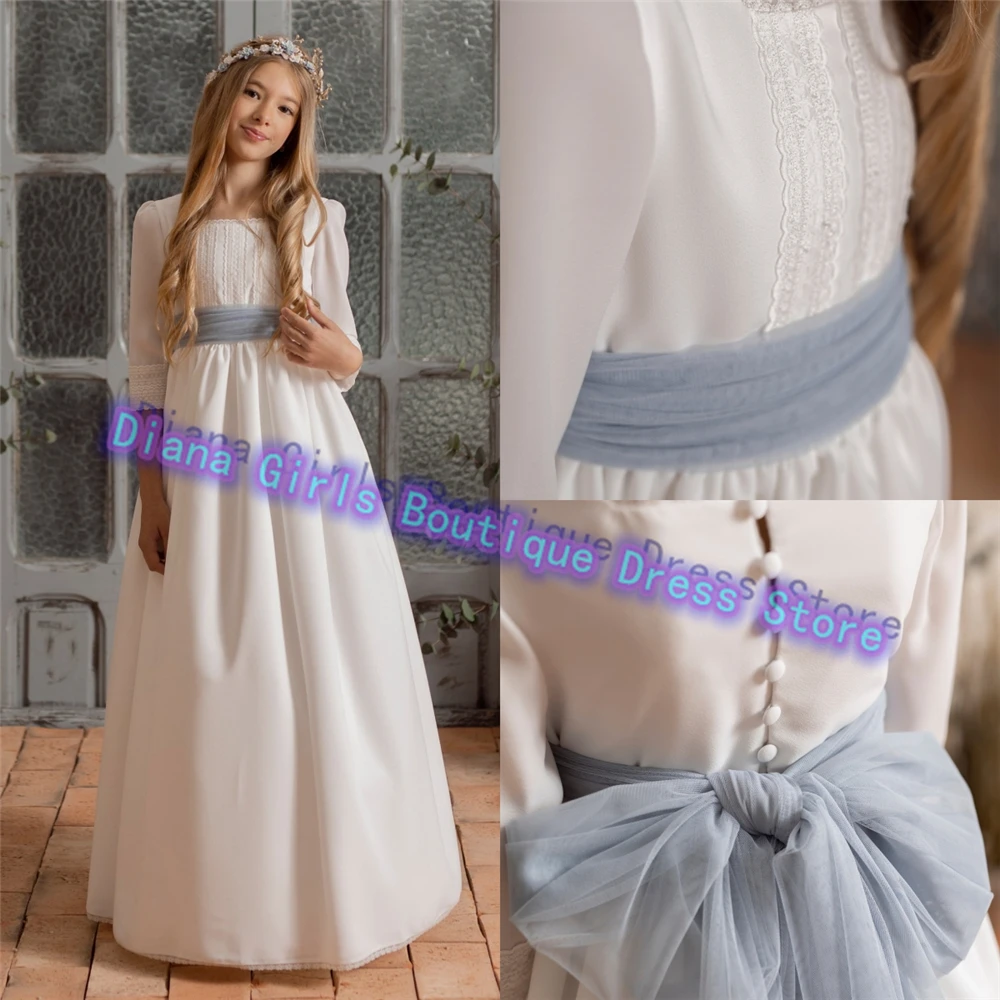 First Communion Gown Elegant สีขาวซาตินดอกไม้สาวชุดโบว์สําหรับงานแต่งงานสาวน้อยวันเกิด Party จัดเลี้ยงที่กําหนดเอง