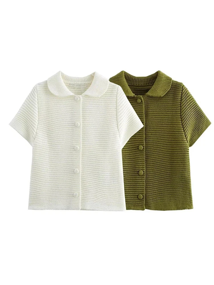 

Women Short Sleeve Army Green Coarse Yarn Sweaters Single Breasted Short Cardigans