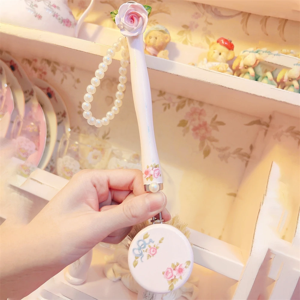 Korean Pink Bow Rose Printing Brush Kitchen Supplies Cleaning Brush Pot Bowl Handmade Pot Brush with Pearl Pastoral Style