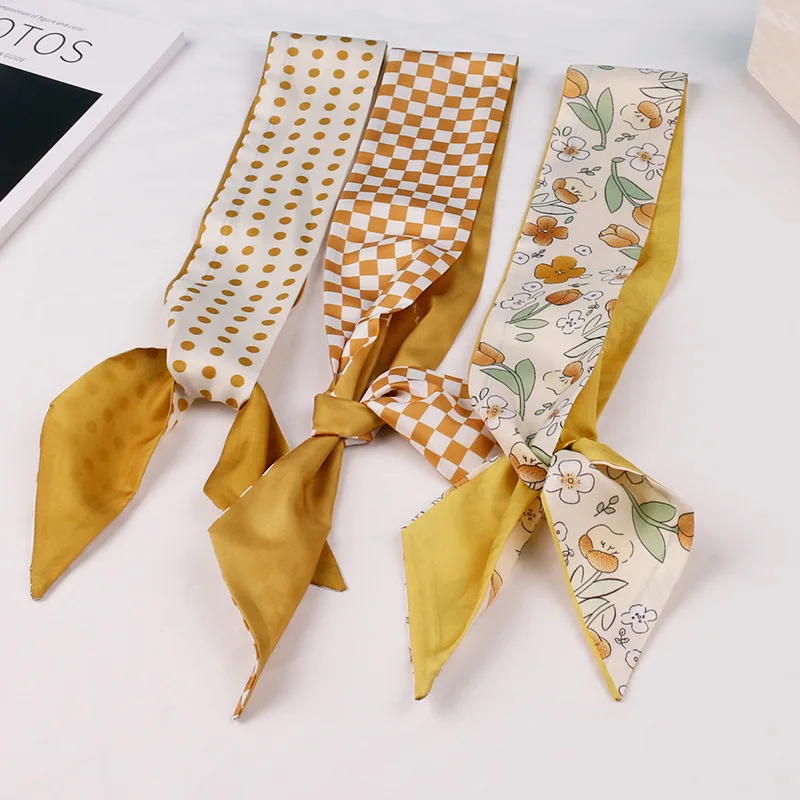 Double Sided Printed Satin Bow Ribbon Scarf Women Elegant Thin Pointed End Hair Tie For Daily Outfit Handbag Decoration