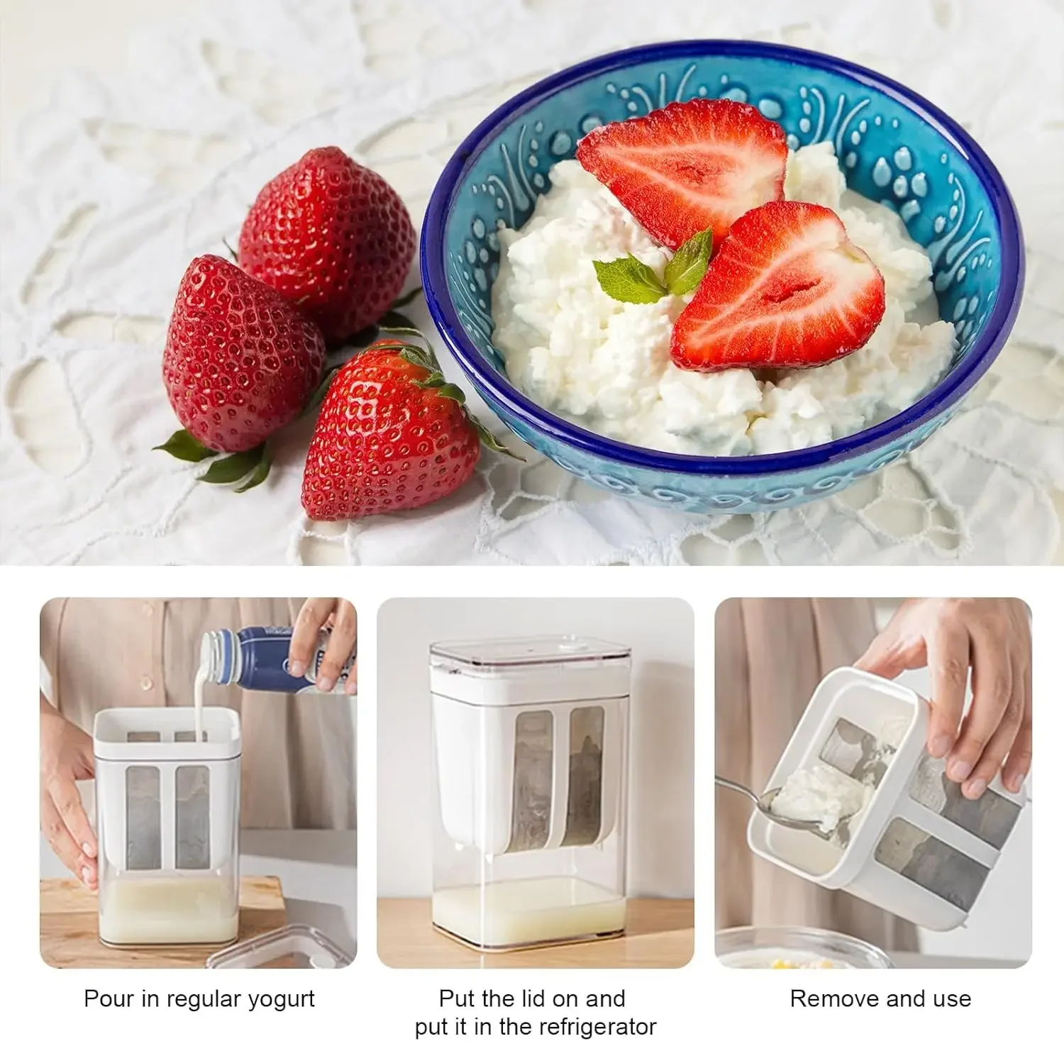 

Greek Yogurt Strainer Maker with Fine Mesh Lid Multi-Purpose for Thick Greek Yogurt Soy Milk Kefir Berries Soup - Kitchen Strain