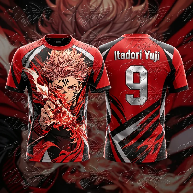 Jujutsu Kaisen Itadori Yuji Sukuna # Camiseta Deportiva con Estampado 3D de 9 Franjas de Fútbol, para Hombre y Mujer, Verano, Anime, Manga Corta, Estilo Urbano