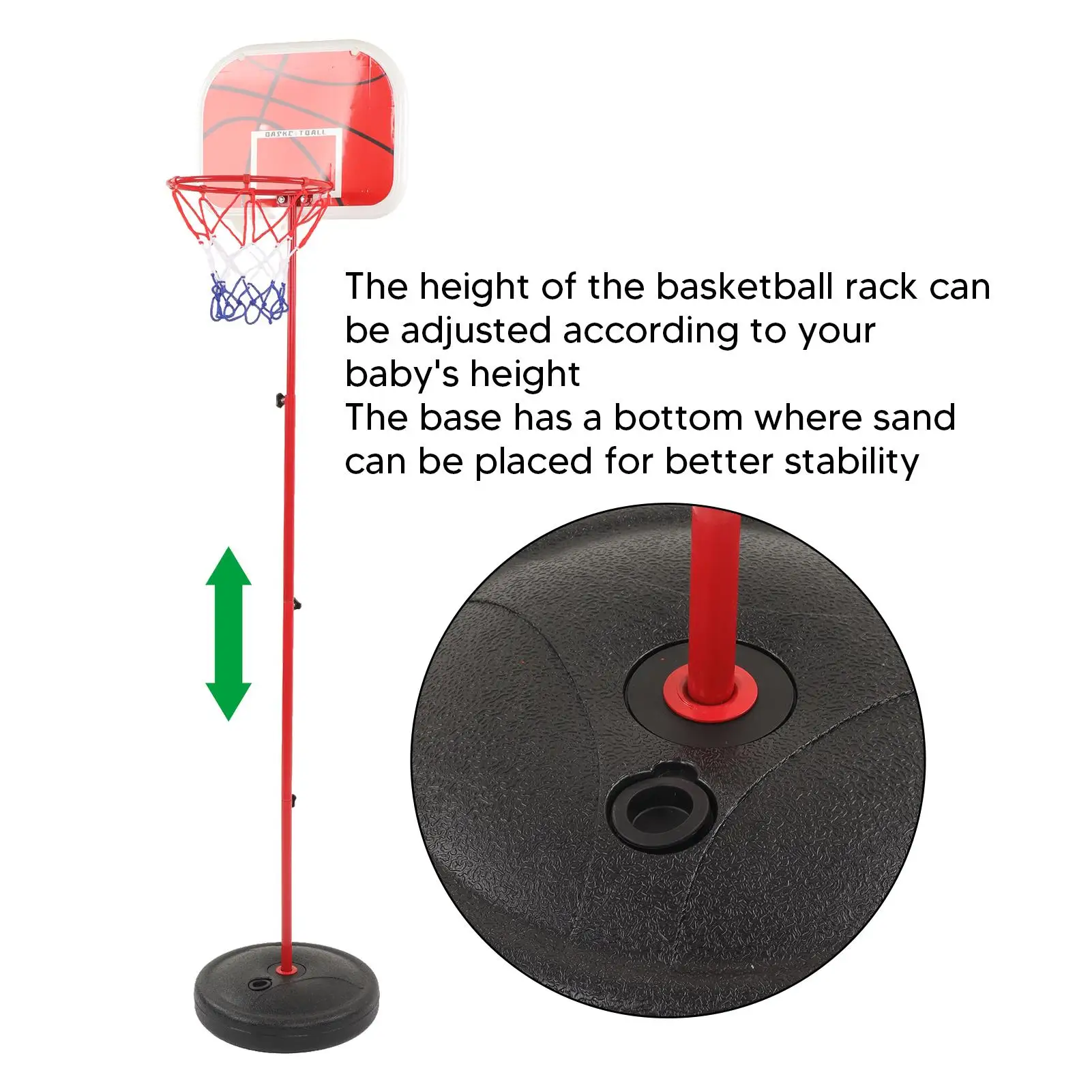 Soporte de aro de baloncesto de altura ajustable con poste de hierro, interior de plástico rojo y blanco para equipos deportivos